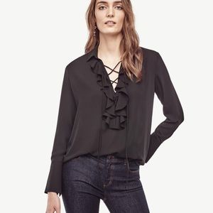 Ann Taylor Green Lace Up Ruffle Blouse